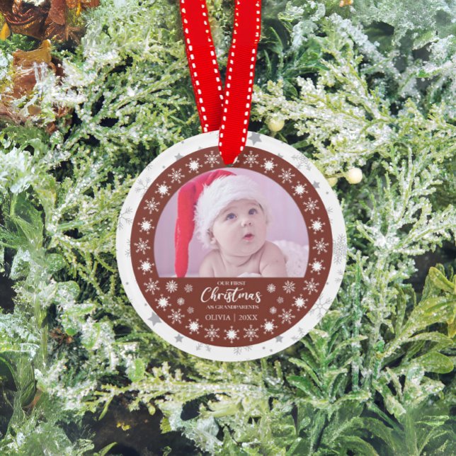 Premier Noël Grands-Parents Souvenir 2-Photos (Our first christmas as grandparents baby ornament 2-photo)