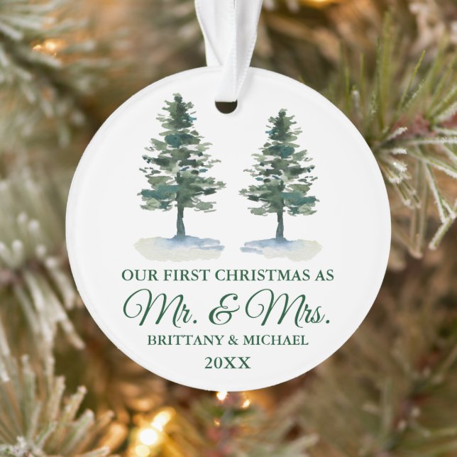 Premier Noël M. et Mme Aquarelle Deux pins (Arbre)