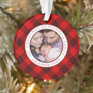 Premier Noël Maman Papa Photo Red Plaid