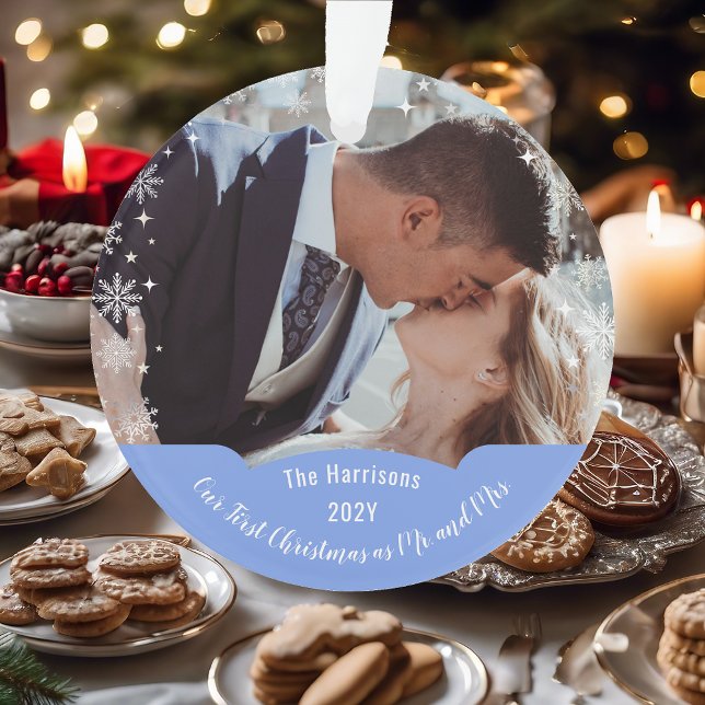 Premier Noël Mr & Mrs Snowflakes Photo (Our First Christmas as Mr. & Mrs. Elegant Modern Calligraphy Personalized Photo Heart Snowflakes)
