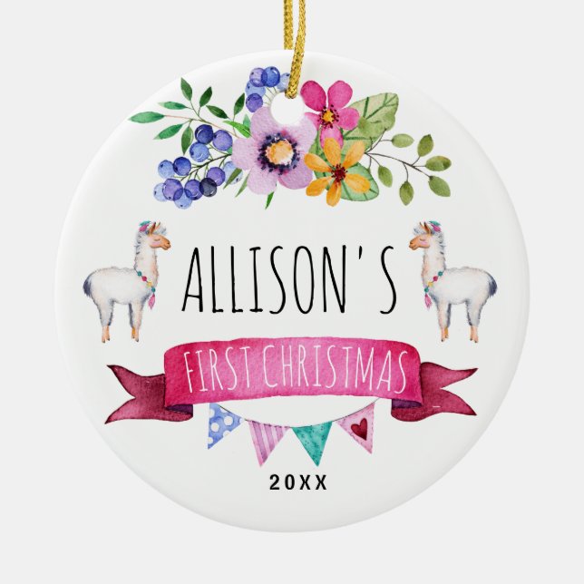 Premier ornement de Noël de lama lunatique mignon (Devant)