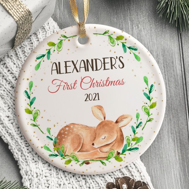 Premier ornement de Noël du bébé Bois de cerfs (Baby's First Christmas Ornament Woodland animals)