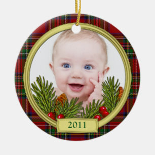Premier ornement photo de Noël du bébé Tartan