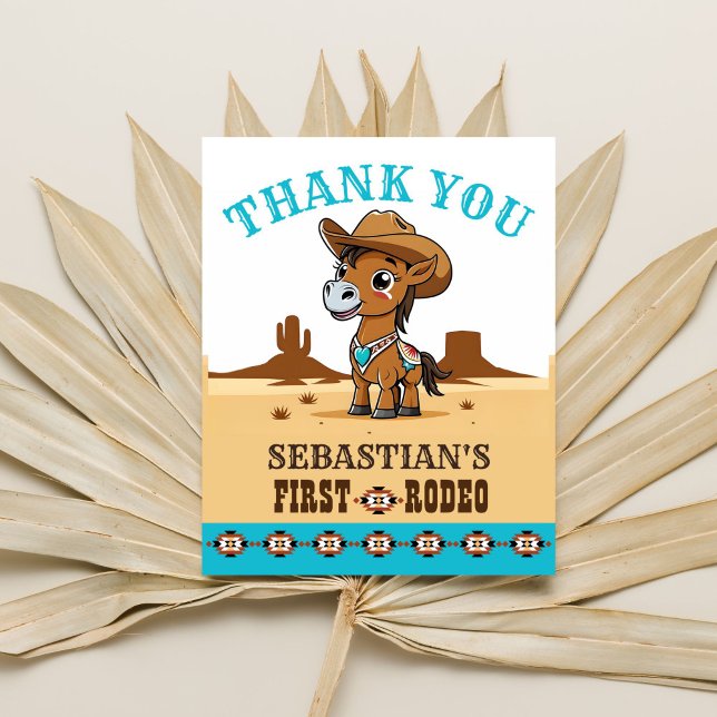 Premier Rodeo cowboy cheval anniversaire (First rodeo birthday party thank you card cute baby horse cowboy Arizona landscape thank you card)