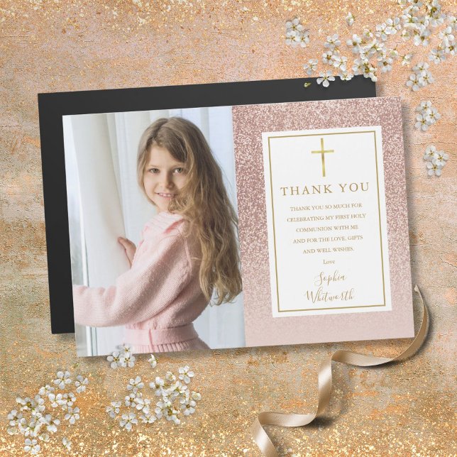 Premier Rose Communion Parties scintillant or Merc (First Communion Rose Gold Glitter Photo Thank You)