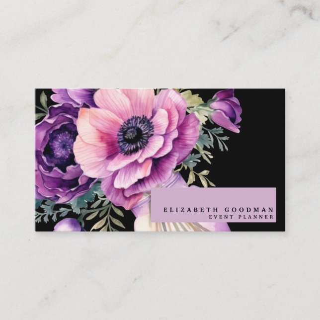 Premier rose violet Floral Cartes de visite noirs (Devant)
