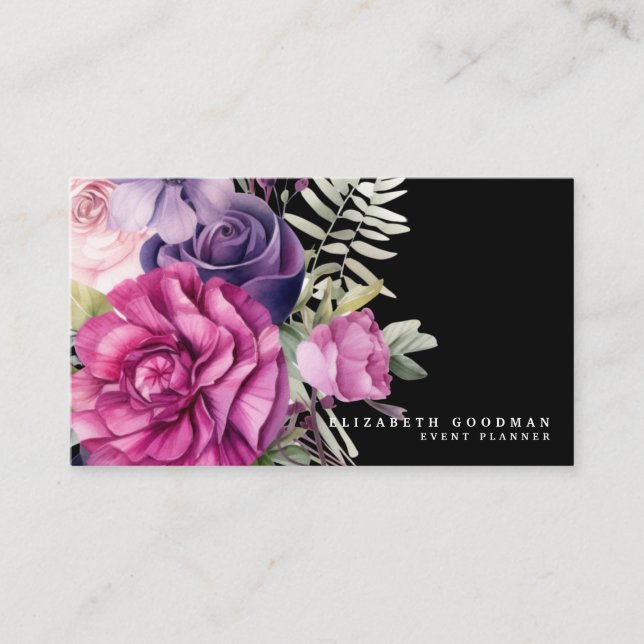 Premier rose violet Floral Cartes de visite noirs (Devant)
