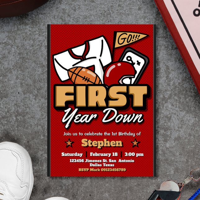 Première année terminée - Invitation pour le 1er a (First Year Down - 1st Birthday Football Invitation)
