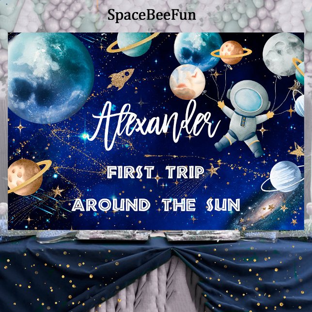 Première bannière arrière-plan de l'espace extra-a (Trip Around the Sun,First Outer Space,Backdrop Banner,Birthday Welcome sign,Boy Astronaut First Trip)