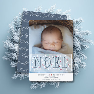 Première carte de Noël Elégant Bleu Blanc Bébé