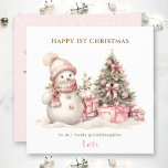 Première carte de Noël rose Vintage Snowman Girl<br><div class="desc">Carte de Noël avec un adorable bonhomme de neige vintage en rose pour bébé et petites filles. Personnalisez facilement cette carte de Noël avec votre propre texte - Kate Eden Art.</div>