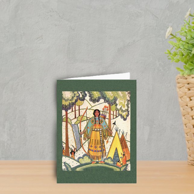 Première carte de note de Natif américain (Native american lady in forest teepee faux embroidery look on dark green notecards.)