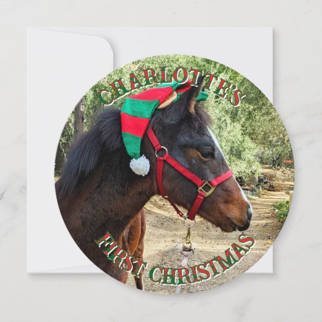 Première carte ronde du Cheval de Noël du bébé (Devant)
