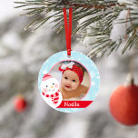 Première Christmas Baby Girl Snowman Custom<br><div class="desc">Baby's 1st Christmas holiday ornament feobjets a custom photo,  name and birth year of baby girl with a jolly winter snowman and cute penguin. Red,  ice blue,  rose et blanc design a snowflake patterned background.</div>