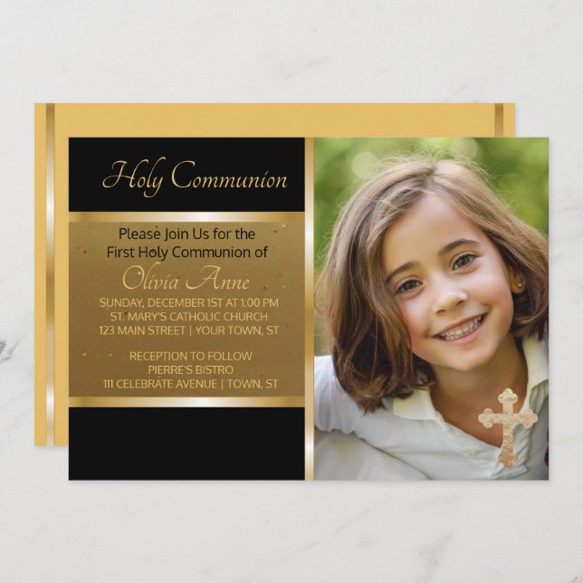Première Communion Black Gold Photo Invitation (Devant / Derrière)