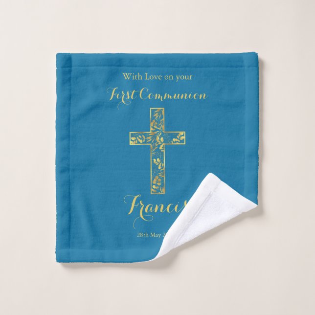 Première Communion bleu croix d'or garçons (Gant de toilette)