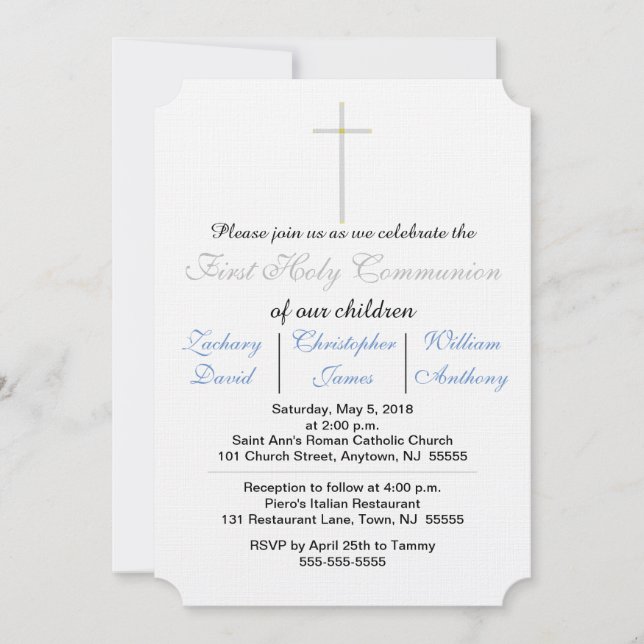 Première Communion Bleue Triplets Invitations (Devant)