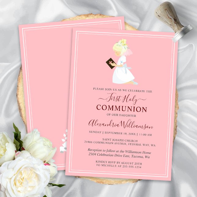Première Communion Blonde Girl Pink Invitation (First Communion Blonde Girl Pink Invitation)