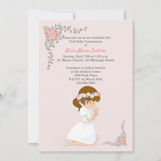 Première communion Brunette Girl Pink Invitation (Devant)