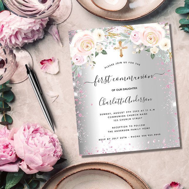 Première communion fille argent rose floral invita (Créateur téléchargé)
