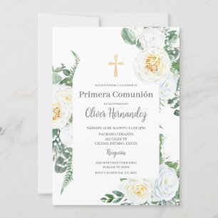 Première communion florale blanche Invitation espa