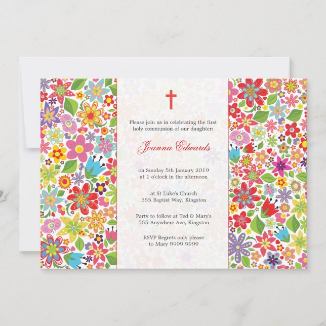 Première communion florale brillante Invitations p (Devant)