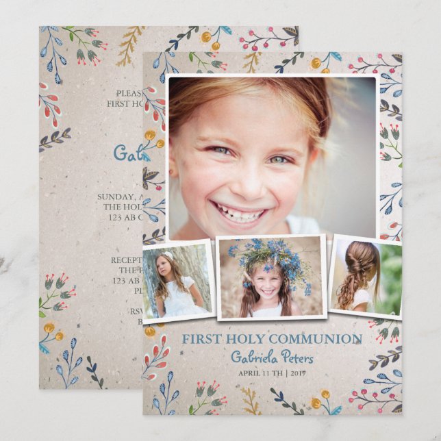 Première communion florale | Cartes de photo Invit (Devant / Derrière)