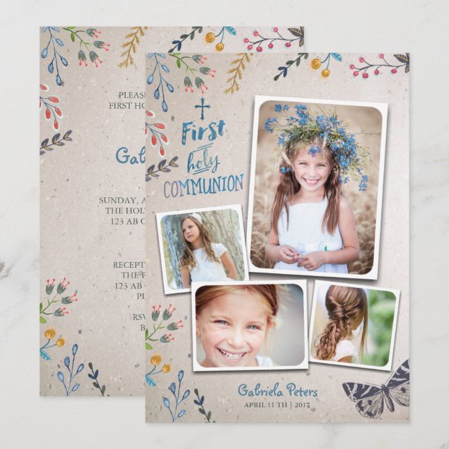 Première communion florale | Cartes d'invitation p (Devant / Derrière)