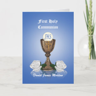 Première communion invitation Chalice sur bleu