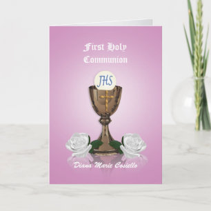 Première communion invitation Chalice sur rose