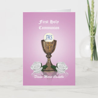 Première communion invitation Chalice sur rose