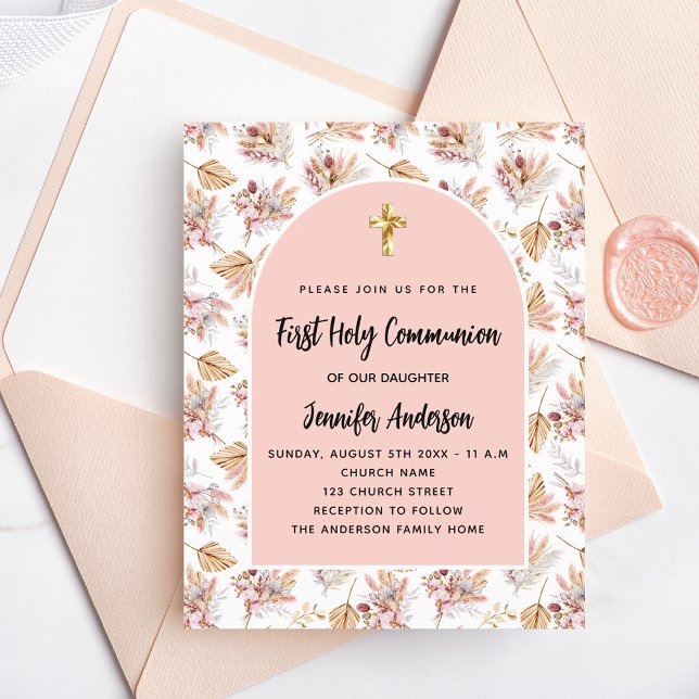 Première Communion pampas rose or budget invitatio (Créateur téléchargé)