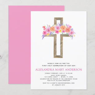 Première Communion Pastel Floral Pink Invitation