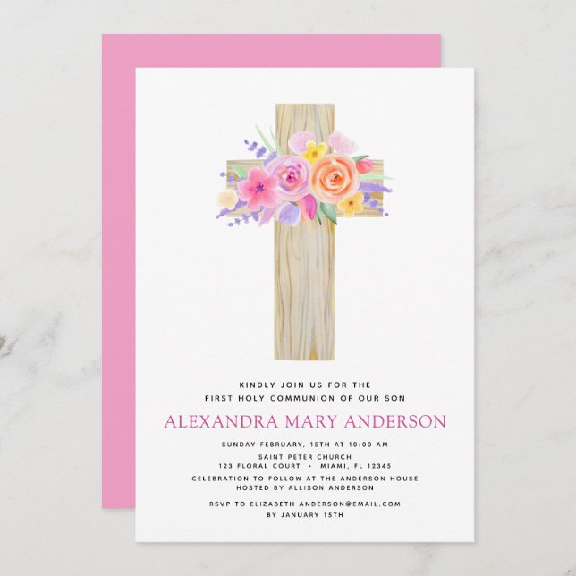 Première Communion Pastel Floral Pink Invitation (Devant / Derrière)