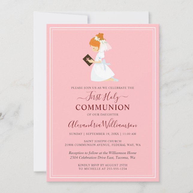 Première Communion Red Haired Girl Pink Invitation (Devant)