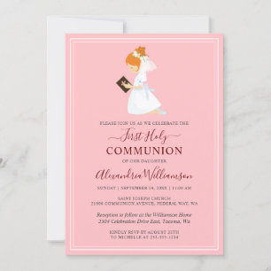 Première Communion Red Haired Girl Pink Invitation