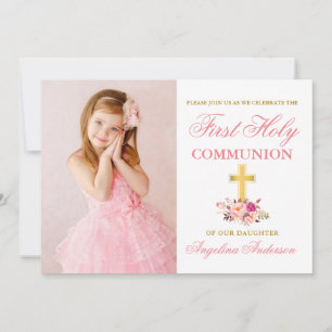 Première Communion rose florale Invitation