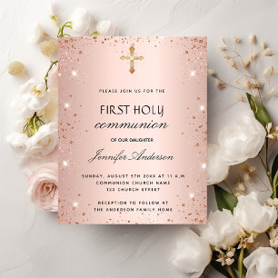 Première communion rose invitation or