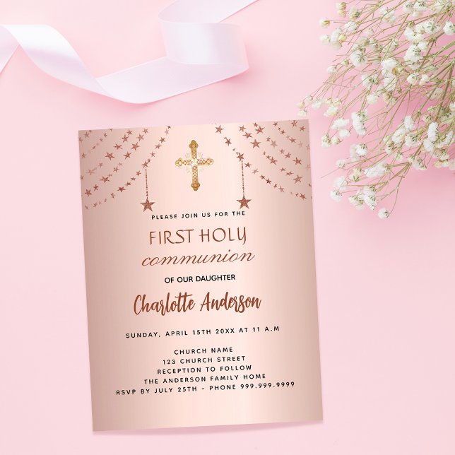 Première communion rose or étoiles invitation budg (Créateur téléchargé)