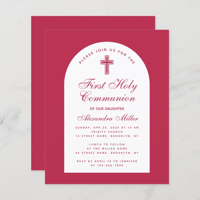 Première Communion Rouge Magenta Budget Invitation (Devant / Derrière)