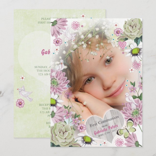 Première communion solennelle Fleurs | Cartes de p (Devant / Derrière)