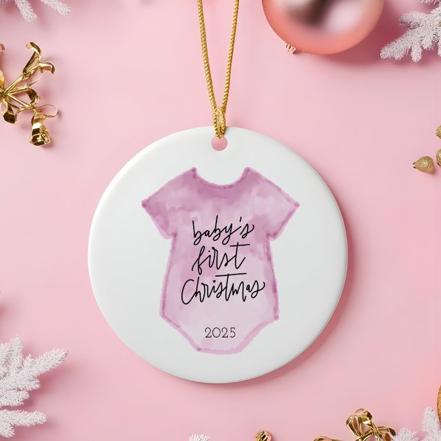 Première décoration de Noël du bébé aquarelle (Baby's First Christmas Ornament | Custom Pink Onesie Keepsake | Personalized gift for baby girl)