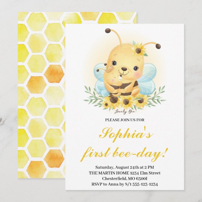 Première Invitation d'anniversaire Bee-Day Bee Hon (Devant / Derrière)