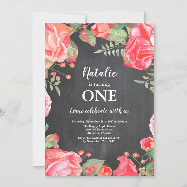 Première Invitation d'anniversaire Botanique Rouge (Devant)