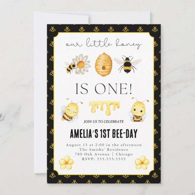 Première invitation d'anniversaire d'abeille (Devant)