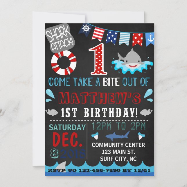 première invitation d'anniversaire de requin (Devant)