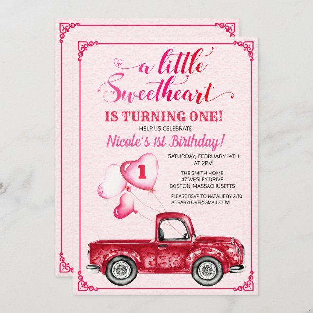 Première Invitation de Balloon Coeurs Anniversaire (Devant / Derrière)