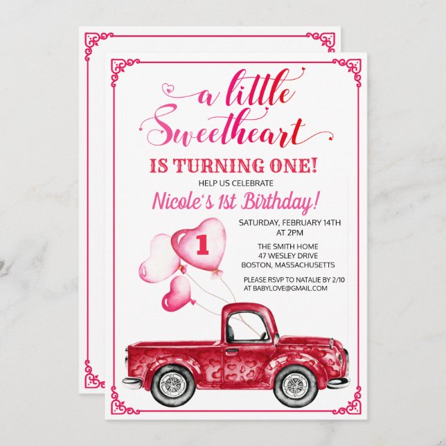 Première Invitation de Balloon Coeurs Anniversaire (Devant / Derrière)