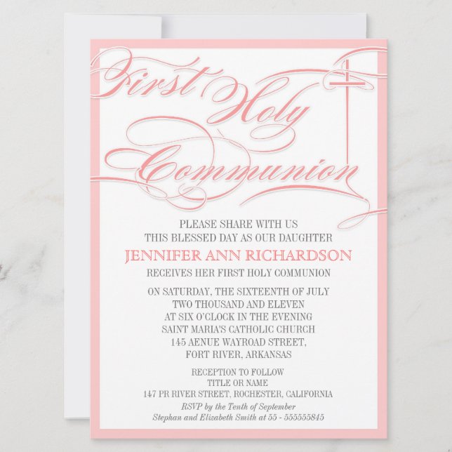 Première invitation de communion de fille - rose (Devant)