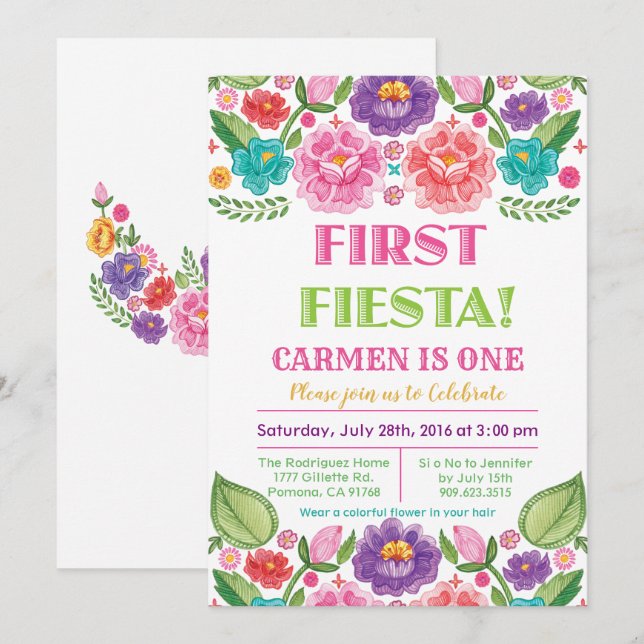 Première Invitation Fleurie Fiesta d'Anniversaire (Devant / Derrière)